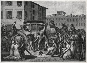 La llegada del Papa Pío VI (Giovanni Angelo Braschi, Pío VI, 1717-1799) a Grenoble en 1799. Grabado de 1800. de Unknown artist
