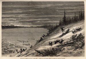 La llegada de pasajeros en trineo de perros al río Yukón (extremo norte de Canadá) completamente congelado. Grabado para ilustrar el viaje y aventuras en la Colombia Inglesa, la Isla de Vancouver y Alaska, por Frederick Whymper de Unknown artist
