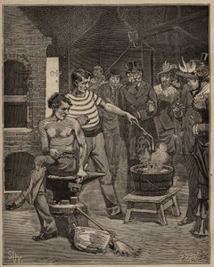 El arte del vidrio: experiencia de lágrimas batávicas. Gotas de vidrio fundido se dejan caer en un baño de agua fría, que se congelan en forma de lágrimas. Grabado de 1885 en "Les arts et metiers illustres" por Adolphe BITARD