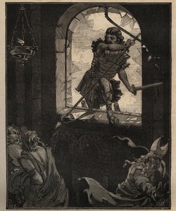 El arte del vidrio: vitrales pintados. Los soldados de Teodorico rompen un vitral para entrar en la iglesia de Brioude (Haute Loire) en 521. Grabado de 1885 en “Les arts et metiers illustres” por Adolphe BITARD. de Unknown artist