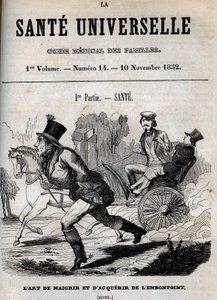 El arte de perder peso y engordar: un hombre camina mientras otro es transportado en un carruaje - grabado en "La Santé Universelle - Guía Médica de las Familias" 1852