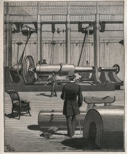 El arte del torno: disparo de un cañón monstruo de acero. Grabado de 1885 en “Les arts et metiers illustres” por Adolphe BITARD. de Unknown artist