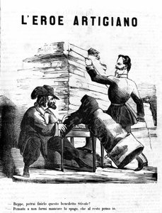 El héroe artesano Víctor Manuel II - José, ¿cuándo terminarás esta bota? Garibaldi - No me hagas perder el hilo, del resto me encargo yo. Grabado satírico por Il Fischietto de Unknown artist