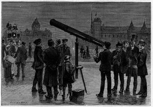 El astrónomo y su bisel astronómico en la Place du Chatelet, en París, en el momento de las observaciones del planeta Venus, en febrero de 1889. Grabado en "La Nature. Revue des sciences et de ses aplicaciones aux arts et a l