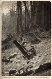 El autor y su viajero, Mcdonald, descendiendo los rápidos en el río Nittinaht (Isla de Vancouver) en una balsa improvisada. Grabado para ilustrar el viaje y aventuras en la Colombia Inglesa, Isla de Vancouver y Alaska, por Frederick Whymper