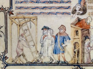 "La balada del ahorcado". Miniatura que ilustra el poema de François de Moncorbier dit Villon (1431/1432-1463). Siglo XV (miniatura) de Unknown artist