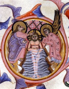 El bautismo de Cristo en el Jordán por San Juan Bautista (después de una miniatura de un manuscrito del siglo XIV) de Unknown artist
