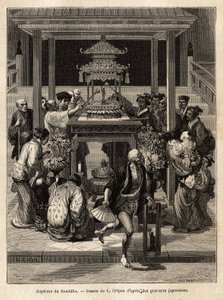 El bautismo del Buda, una fiesta anual que tiene lugar el 8º día del 4º mes, los devotos riegan la estatua de bronce del Buda expuesta para la ocasión frente a los templos. Grabado para ilustrar el viaje a Japón, por Aime Humbert, ministro de la Confederac de Unknown artist