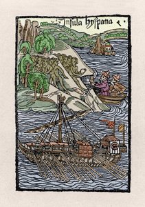 El desembarco en La Española por Cristóbal Colón (1451-1506). Grabado de “De insulis in mare Indico super inventis”, Bale 1493-1494 (traducción latina del informe de Colón al Rey de España) de Unknown artist