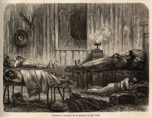 El dormitorio de la misión cristiana de San José (Perú), que acoge al autor durante su viaje. Grabado para ilustrar el viaje del Océano Pacífico al Océano Atlántico, a través de América del Sur, en 1848-1860 por Paul Marcoy, en “Le tour du monde”