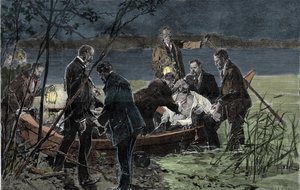 El cuerpo de Luis (Ludwig) II de Baviera Wittelsbach (1845-1886) encontrado ahogado con el Dr. Gudden en el Lago Starnberg cerca del Castillo de Berg en junio de 1886. Grabado de Unknown artist