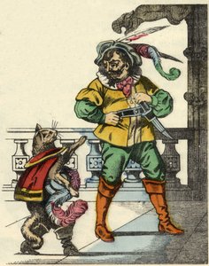 El gato con botas se encuentra con el ogro. Ilustración del cuento “El gato con botas” de Charles Perrault.