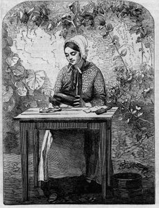 El embotellado del vino de champán. Grabado de 1864. de Unknown artist