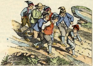 Los hermanos siguen al Pequeño Pulgarcito que sembró guijarros blancos en el camino. Ilustración del cuento “Le Petit Poucet” de Charles Perrault.