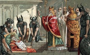 El entierro de Carlomagno en 814 en la catedral de Aquisgrán en Alemania. Cromolitografía de finales del siglo XIX.