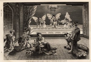 El ballet de las mariposas en el Teatro Gankiro, en el Distrito de Placer Miyozaki en Yokohama. Grabado para ilustrar el viaje a Japón, por Aime Humbert, ministro de la Confederación Suiza, en 1863-1864, publicado en 