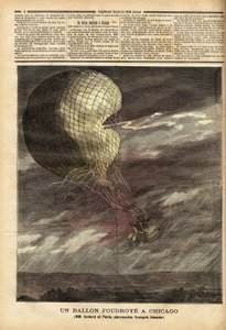 El globo cautivo de los franceses Messrs Godard y Panis, víctima de un accidente causado por la tormenta el 7 de julio, en el terreno de la Exposición Mundial en Chicago, en pleno vuelo, el globo fue golpeado y golpeado, hiriendo gravemente a los dos aeron