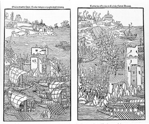 La captura de Rodas por los turcos en 1522. Los turcos atacan la fortaleza de San Nicolás. Xilografía. de Unknown artist