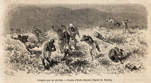 La caravana de porteadores de la expedición de Henry Morton Stanley (1841-1904) en la carretera de Misonghi (África Oriental) fue atacada por una nube de abejas. Grabado para ilustrar el viaje en busca de Livingstone, en África central, por Henry Stanley, 