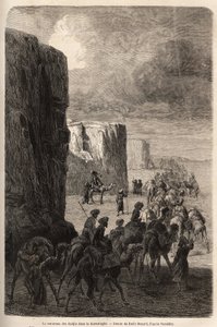 La caravana de los Hajis (peregrinos musulmanes) en Korantaghi (Persia, Irán). Dibujo de Emile Bayard (1837-1891), para ilustrar el viaje a Asia Central, en 1863, de Arminius Vambery (científico húngaro disfrazado de derviche). Grabado en 