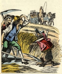 El gato obliga a los campesinos a decir que el campo en el que siegan el trigo pertenece al Marqués de Carabás. Ilustración del cuento “El gato con botas” de Charles Perrault. de Unknown artist