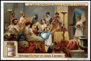 El siglo de Pericles (495-429 a.C.): banquete de Pericles y Aspasia (470-400 a.C.) - Cromolitografía de Liebig