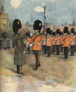 El cambio de guardia en el Palacio de Buckingham en Londres en 1893. Ilustración de M.C. Morel. Colección Bianchetti.