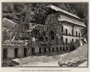 La capilla destruida por el desbordamiento del Arve. Grabado de Berteault para ilustrar la historia "La catástrofe de Saint Gervais les Bains"