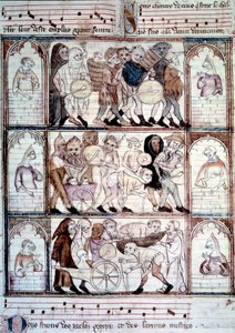 La fiesta del charivari para la boda de Fauvel. Procesión de músicos y travestis. Miniatura del manuscrito “Le roman de fauvel” de Gervais du Bus