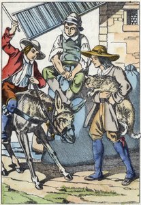 Los hijos del molinero, que acaba de morir, comparten su propiedad: burro, molino y gato. Ilustración del cuento "El gato con botas" de Charles Perrault de Unknown artist