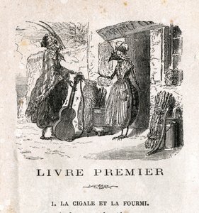 La cigarra y la hormiga. Fábula de La Fontaine. Grabado del siglo XIX de Unknown artist