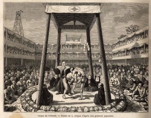 El circo de los luchadores, que esperan su turno para pelear, tiene lugar en la arena bajo la jaula de madera; alrededor, la multitud de espectadores y apostadores observan las peleas con pasión. Grabado para ilustrar el viaje a Japón, por Aime Humbert, mi