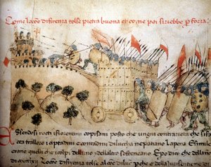 La ciudad de Florencia conquistó Pietrabuona, que los habitantes de Lucca retomaron después - en "Crónicas del Sercambi", alrededor de 1400. Archivo Nacional, Lucca