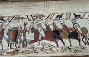 La conquista de Inglaterra por el Duque de Normandía Guillermo el Conquistador (1027-1087) en 1066: escena de la batalla de Hastings oponiendo la infantería normanda a la caballería sajona (detalle) del tapiz de Bayeux o Bordado de la Reina Matilde de Unknown artist