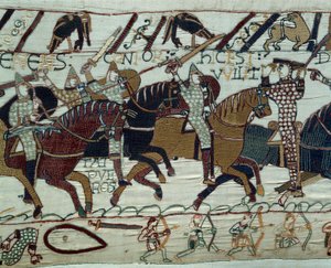 La conquista de Inglaterra por el ejército del Duque de Normandía Guillermo el Conquistador (1027-1087): El Duque Guillermo es reconocido por sus soldados al levantar su casco durante la batalla de Hastings (detalle) de Unknown artist