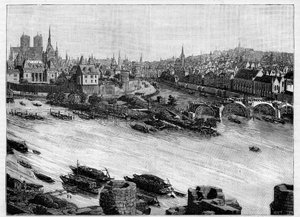La construcción del Pont Neuf en París pasando por la Plaza del Vert-Galant al final de la Île de la Cité. Los primeros trabajos en 1578. Grabado en "Le Monde Illustré"
