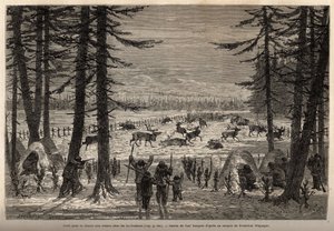 El coral para la caza de renos en el Co-Yukon (co-Yukon o co-Youkouk) (tribu india del extremo norte de Canadá). Grabado para ilustrar el viaje y aventuras en la Colombia Inglesa, Isla de Vancouver y Alaska, por Frederick Whymper