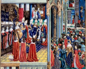 La coronación del Rey San Luis (Luis IX) (1214-1270) el 29/11/1226 en la Catedral de Reims. Miniatura de un manuscrito 