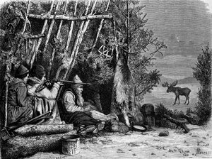 La vida cotidiana de los tramperos (cazadores profesionales) en Canadá: dos cazadores de caribúes. Grabado del siglo XIX. de Unknown artist
