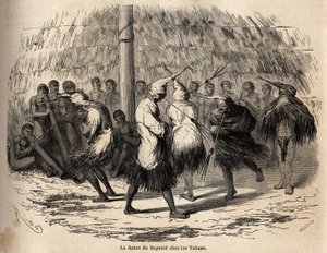 La danza del bayente, o danza del diablo, entre los indios Yahua de Perú, organizada en honor a la luna, se celebra cada año en una cabaña en medio del bosque; después de la ceremonia, la cabaña, las flautas y los tambores se queman cuidadosamente. Grabado de Unknown artist