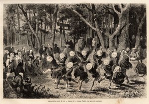 La danza del arroz en el décimo mes del año, relacionada con los cultivos de cereales. Grabado para ilustrar el viaje a Japón, por Aime Humbert, ministro de la Confederación Suiza, en 1863-1864, publicado en 