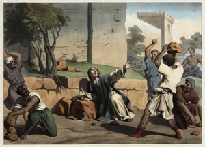 La muerte de San Esteban: San Esteban apedreado por los judíos es considerado el primer mártir cristiano. Grabado anónimo de mediados del siglo XIX. de Unknown artist