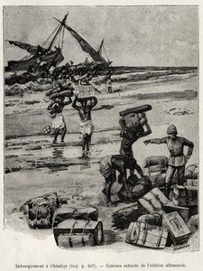 El desembarco en Chimbye (Tanzania) de la expedición de Peters. Grabado para ilustrar la historia “Au secours d