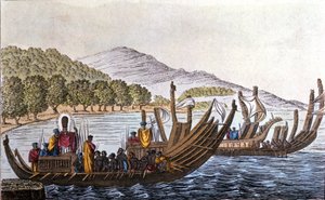 El departamento de polinesios para el Pacífico a bordo de canoas de doble casco. Litografía de principios del siglo XIX de Unknown artist