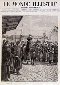 La partida de la Compañía del 200º Regimiento. Saludo a la bandera en la Gare de Lyon. "El Mundo Ilustrado". 23/03/1895. Dibujo.