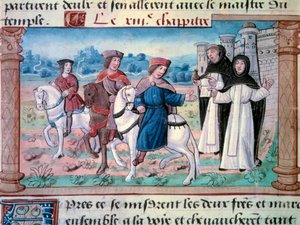 Las partidas de los hermanos Nicolo y Matteo Polo, padre y tío del joven Marco Polo (1254-1324) con el joven alrededor de 1271. Miniatura tomada de 