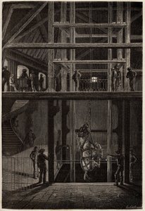 El descenso de un caballo en las minas de Creusot, utilizado en túneles subterráneos para el transporte de carros de carbón. Grabado para ilustrar un viaje a Creusot y las minas de Saona y Loira, en 1865, por L. Simonin, en “Le tour du monde, nouveau journ de Unknown artist