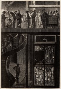 El descenso de mineros (hombres, mujeres y niños) a través de la jaula del ascensor a las galerías subterráneas de las minas de carbón de Creusot. Grabado para ilustrar un viaje a Creusot y las minas de Saona y Loira, en 1865, por L. Simonin, en “Le tour d de Unknown artist