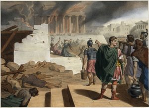 La destrucción del templo y la ciudad de Jerusalén en el año 70 por el emperador romano Tito. Grabado anónimo de mediados del siglo XIX