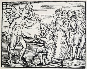 El diablo bautizando a hombres y mujeres en oración - grabado de Unknown artist